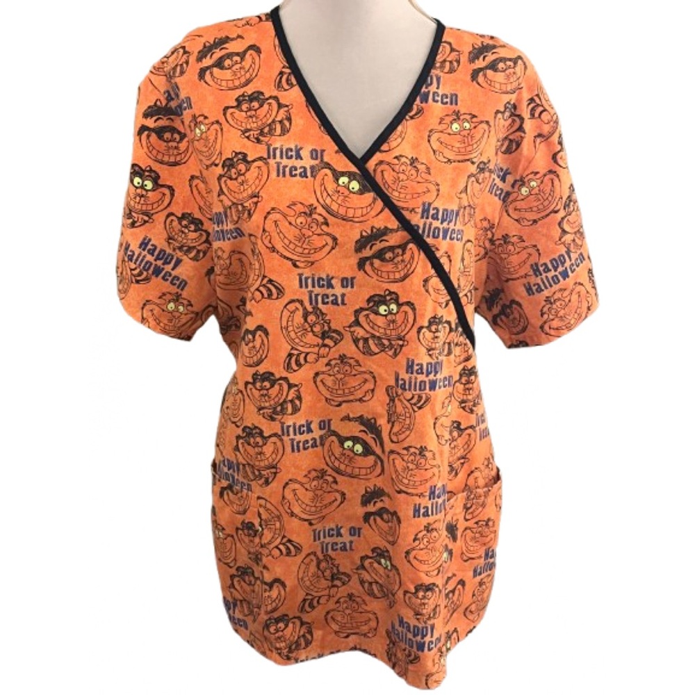 The Wonderful World of Disney Halloween Orange CheshireCat Scrub Top Pockets XL